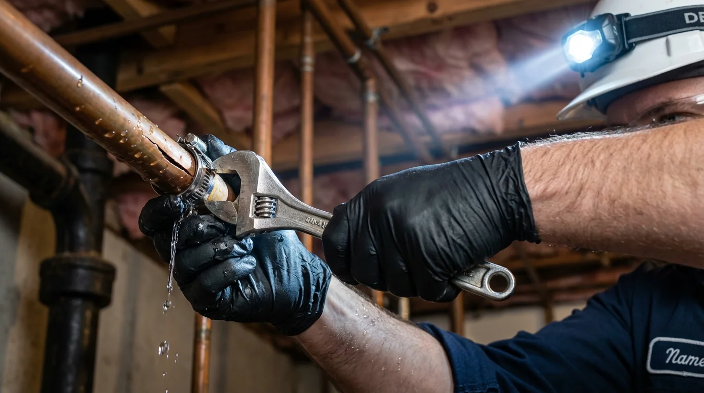 Emergency pipe clamp repair being performed by a Johns Plumbing LLC plumber in Lorton